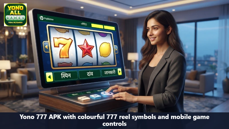 Yono 777 APK with colourful 777 reel symbols and mobile game controls