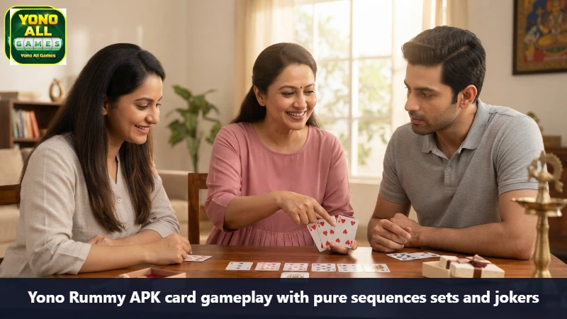 Yono Rummy APK card gameplay with pure sequences sets and jokers