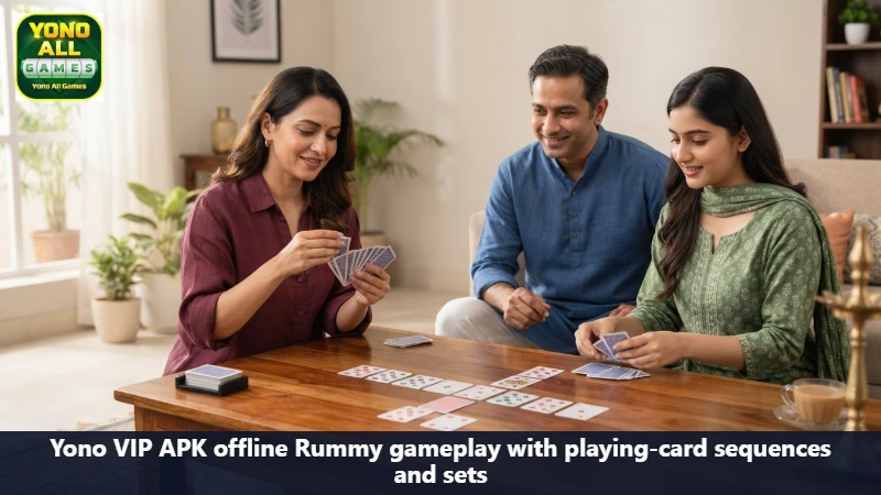 Yono VIP APK offline Rummy gameplay with playing-card sequences and sets